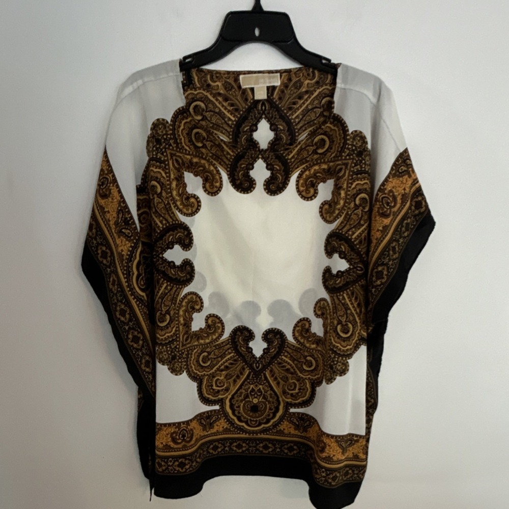 Michael Kors Women's Paisley Print Top L/XL Regular White Black Brown Cover up